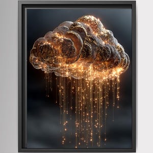 May include: A framed wall art piece featuring a dark, textured cloud formation with a metallic, bronze-like finish. The cloud emits glowing, golden light particles that descend in vertical, thin streaks, resembling rain against a dark background.