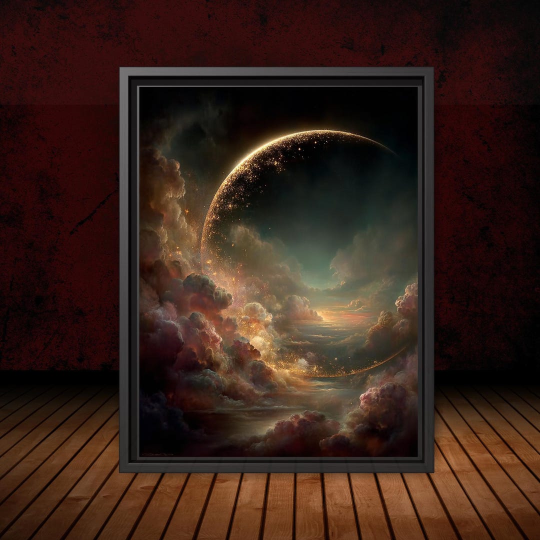 Crescent Moon Wall Art Print, Abstract Celestial Cloud Painting, Modern ...