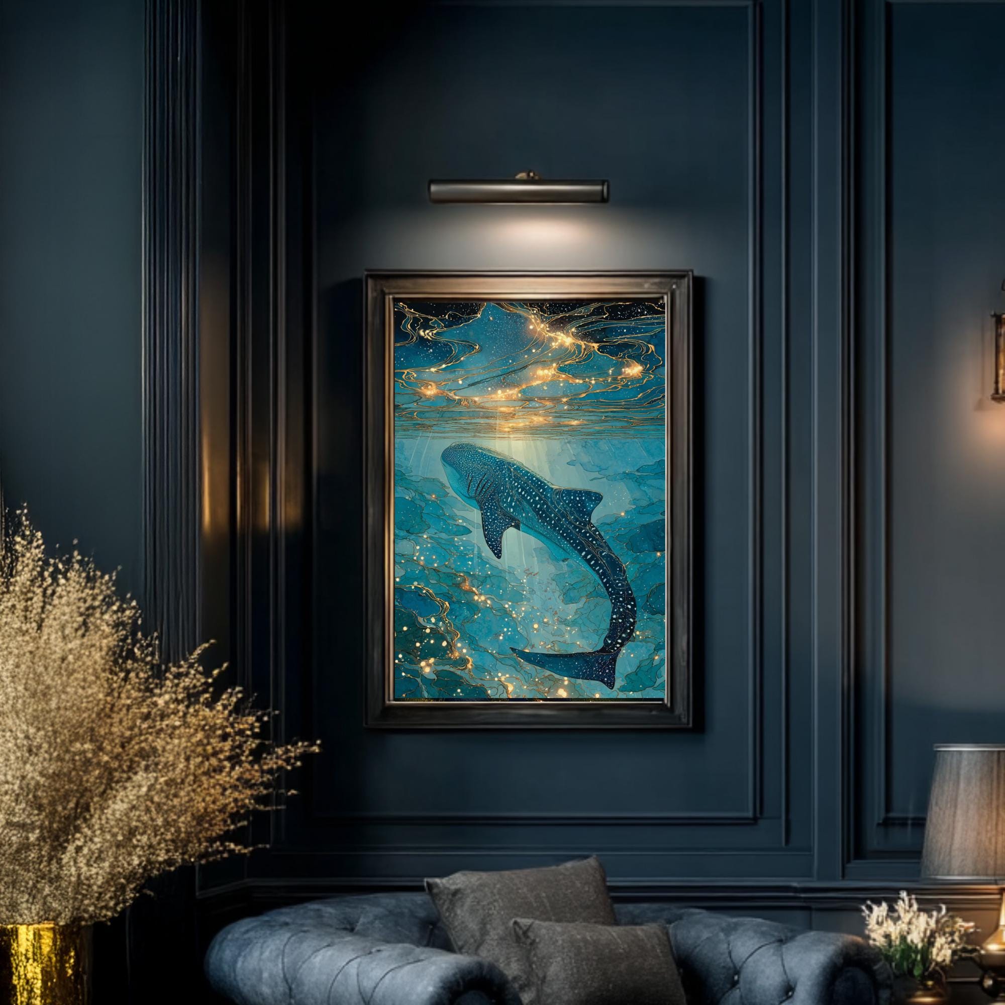 Whale Shark Wall Art Print Teal Gold Ocean Abstract Coastal Nautical ...