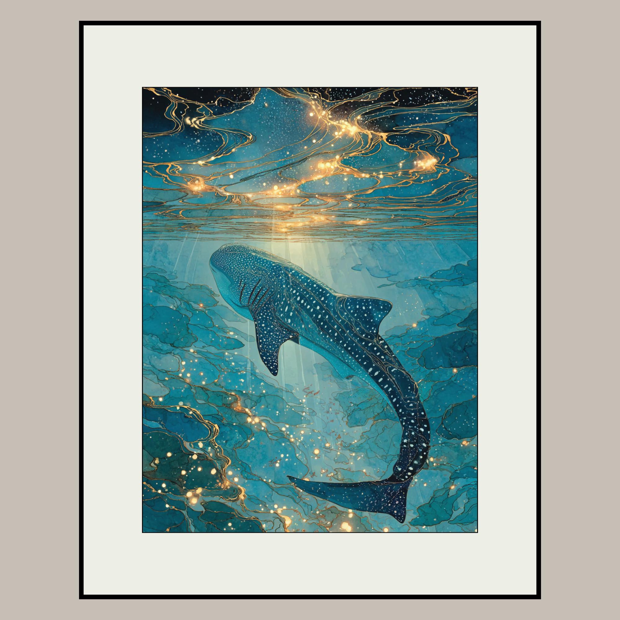 Whale Shark Wall Art Print Teal Gold Ocean Abstract Coastal Nautical ...