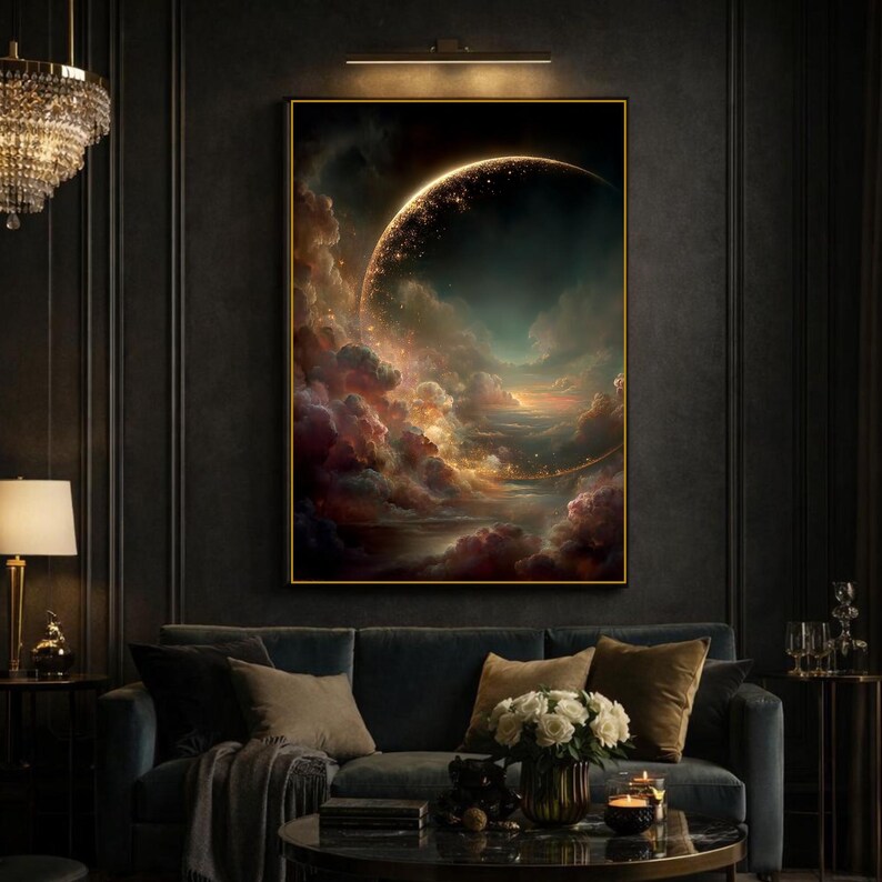 Crescent Moon Wall Art Print, Abstract Celestial Cloud Painting, Modern ...