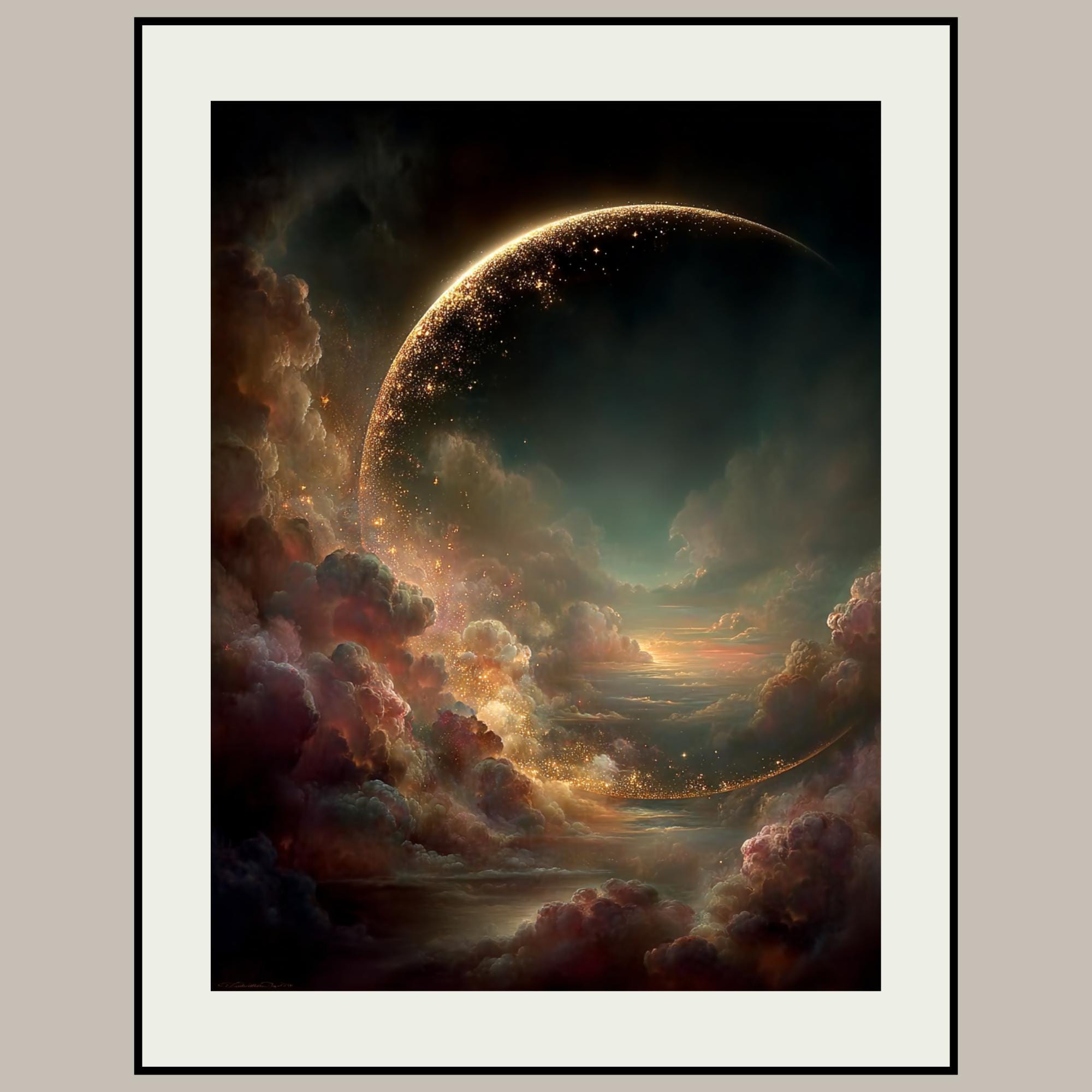 Crescent Moon Wall Art Print, Abstract Celestial Cloud Painting, Modern ...