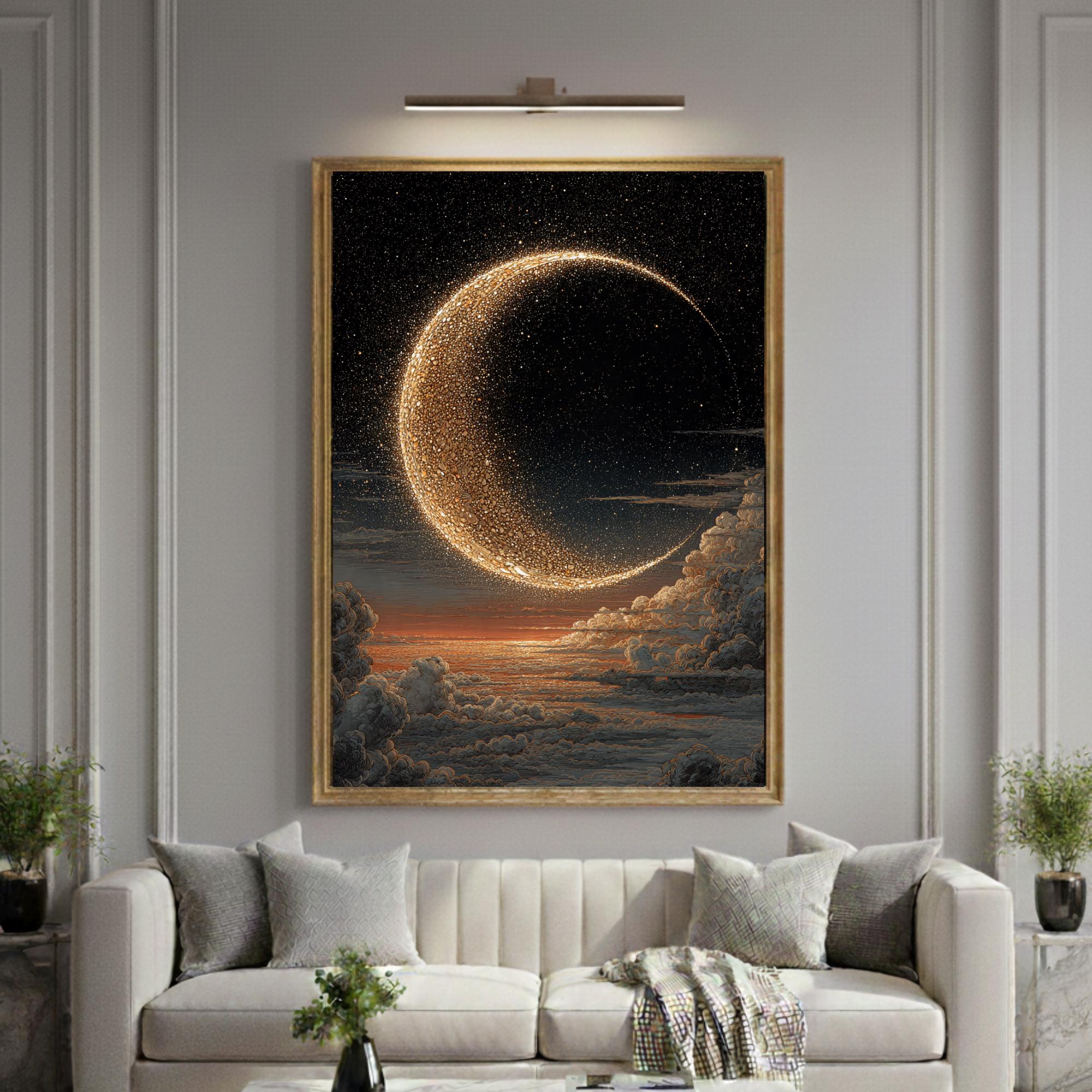 Celestial Crescent Golden Moon Wall Art Modern Gold Abstract Night Sky ...