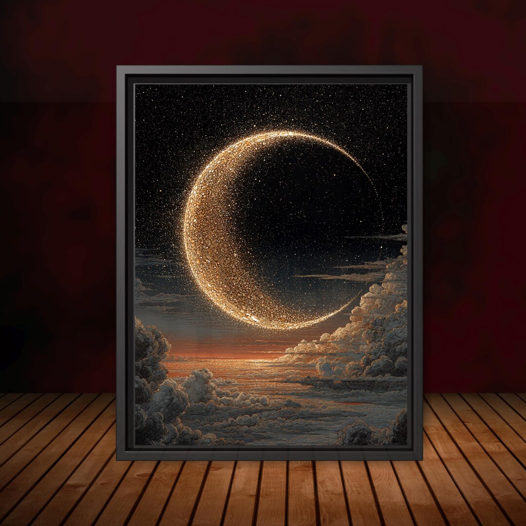 Celestial Crescent Golden Moon Wall Art Modern Gold Abstract Night Sky ...