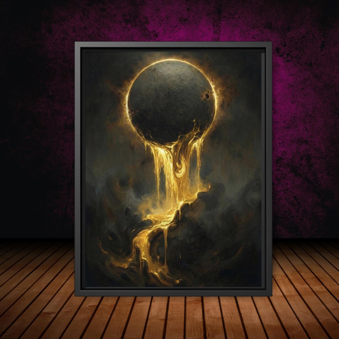 Dripping Molten Gold Moon Wall Art Print Dark Celestial Abstract Golden ...