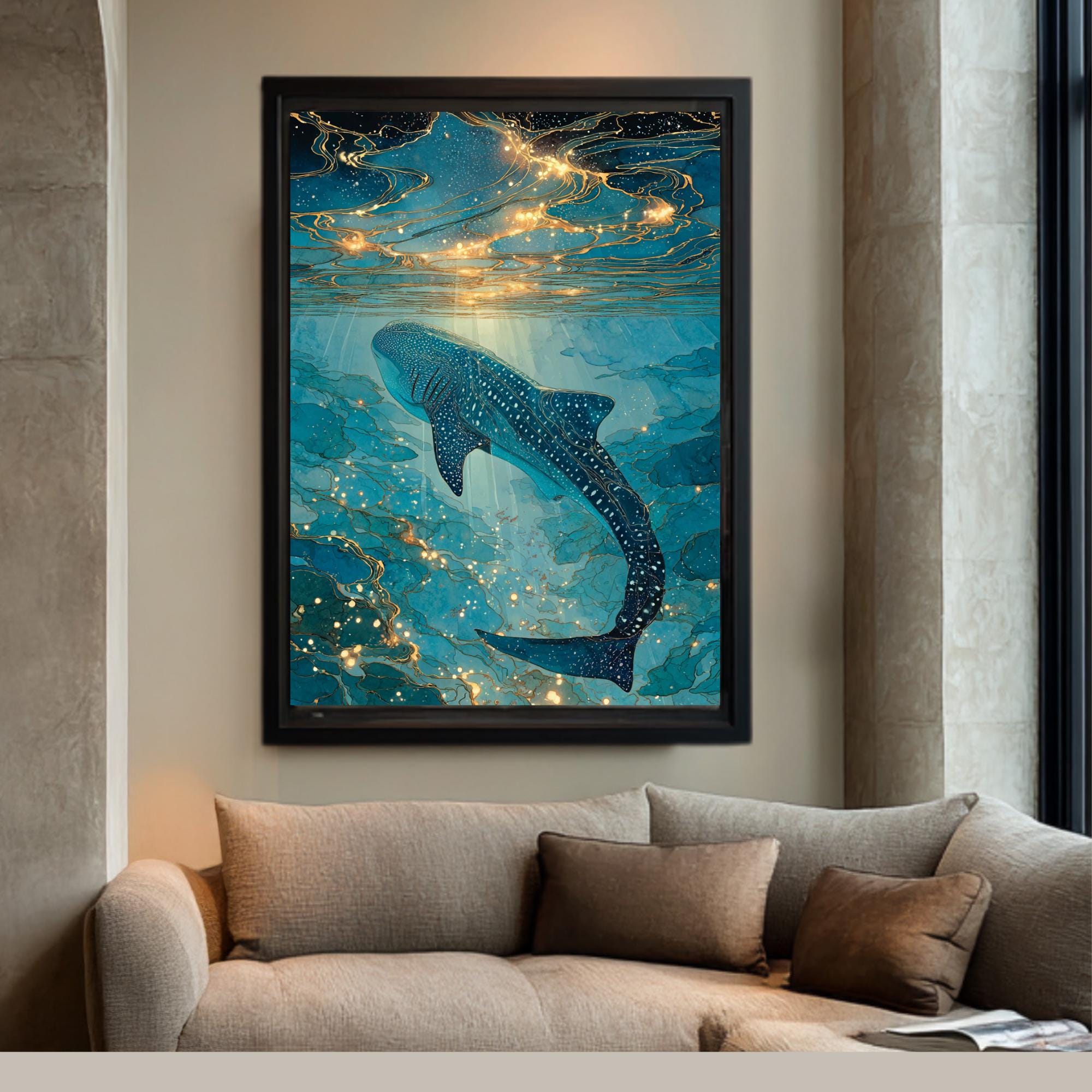 Whale Shark Wall Art Print Teal Gold Ocean Abstract Coastal Nautical ...