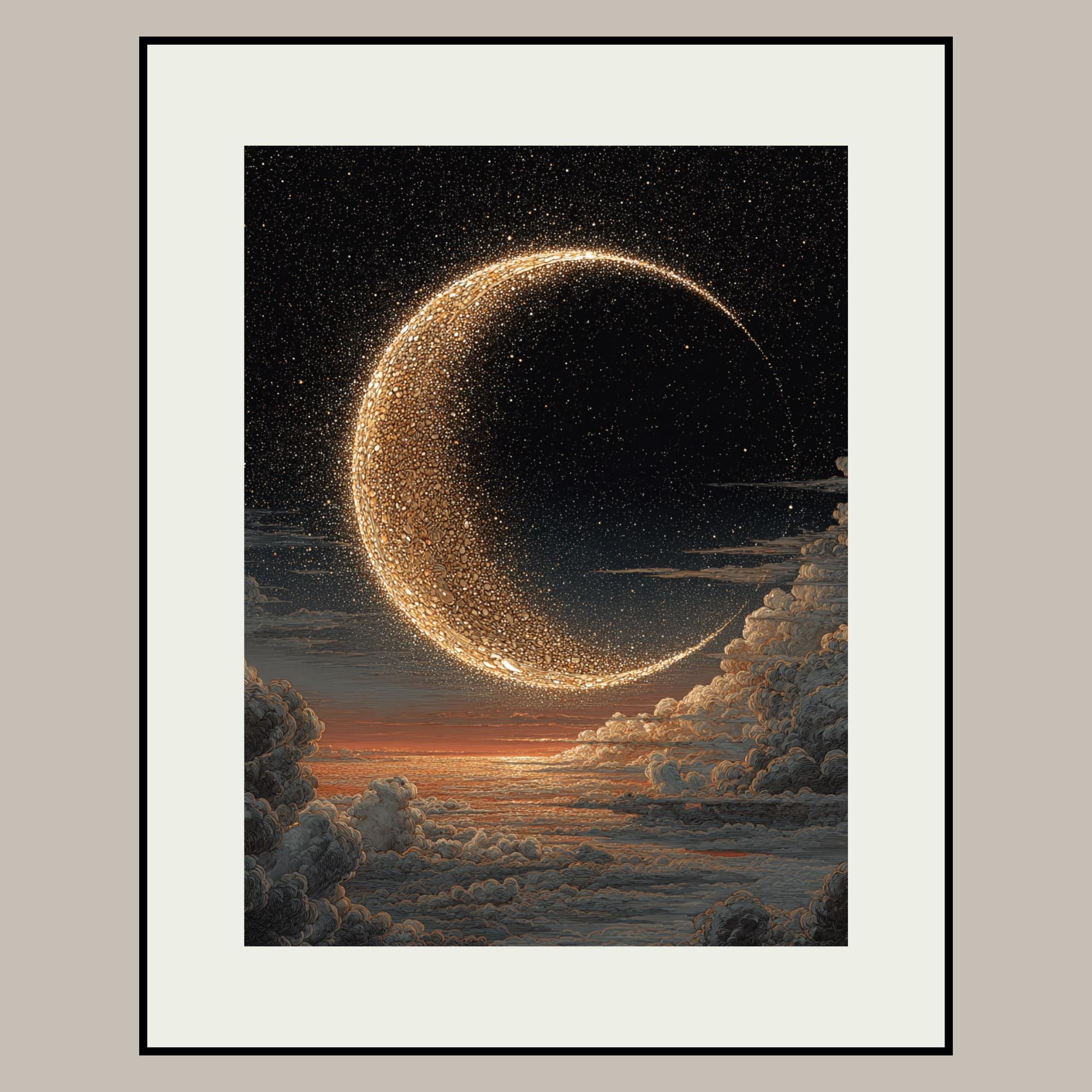 Celestial Crescent Golden Moon Wall Art Modern Gold Abstract Night Sky ...