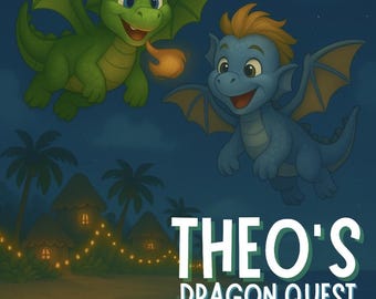 Op de afbeelding: Illustratie van twee vriendelijke cartoon draken die in een nachthemel vliegen. Eén is groen en spuwt vuur, de andere is blauw. De tekst "THEO'S DRAGON QUEST" wordt onder een strandscène weergegeven.