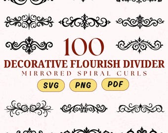 Paquete de 100 separadores decorativos con adornos en formato SVG / Imágenes prediseñadas de bordes con remolinos elegantes / Archivos de corte de líneas ornamentales, PNG, DXF, SVG, descarga instantánea