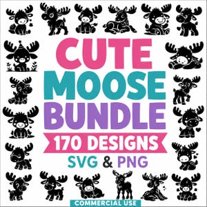 Könnte beinhalten: Eine digitale Sammlung von 170 schwarzen Elch-Silhouetten-Designs mit verschiedenen Posen und Ausdrücken. Der zentrale Text lautet CUTE MOOSE BUNDLE 170 DESIGNS SVG & PNG COMMERCIAL USE in Pink, Türkis und Lila auf einem weißen Hintergrund.