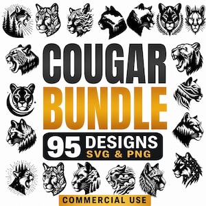 Pode incluir: Uma coleção digital de 95 ilustrações de cabeças de puma em preto e branco nos formatos SVG e PNG. O texto central diz COUGAR BUNDLE 95 DESIGNS SVG & PNG COMMERCIAL USE, rodeado por vários motivos de montanhas, flores e estrelas.