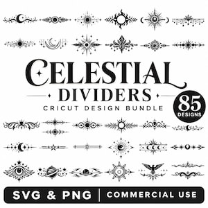 Puede incluir: Una colección de 85 divisores negros con temática celestial que incluyen lunas, estrellas, soles y planetas. El texto dice CELESTIAL DIVIDERS CRICUT DESIGN BUNDLE 85 DESIGNS SVG & PNG COMMERCIAL USE. Estos elementos gráficos están en filas.
