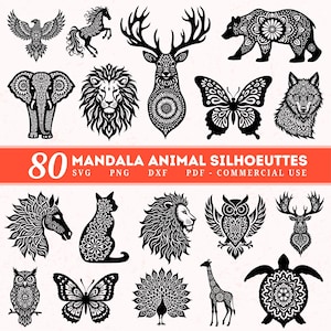 Puede incluir: Una colección de 80 siluetas de animales mandala en blanco y negro, incluyendo un oso, un ciervo, un león, una mariposa y un búho. La imagen incluye el texto "80 Mandala Animal Silhouettes" con opciones de tipo de archivo: SVG, PNG, DXF y PDF.