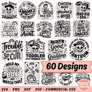 Op de afbeelding: Een digitale download grafische set met 60 ontwerpen. De ontwerpen bevatten schedel illustraties, zinnen als "Rad Kid" en andere humoristische tekstelementen. De ontwerpen zijn beschikbaar in SVG, PNG, DXF en PDF formaten.