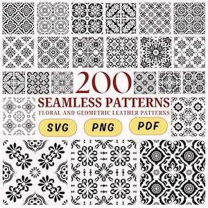 Peut inclure: Une collection de 200 motifs sans couture en noir et blanc, avec des motifs floraux et géométriques. L'image comprend le texte "200 SEAMLESS PATTERNS" et les options de type de fichier : SVG, PNG et PDF.