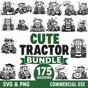 Op de afbeelding: Een digitale collectie van 175 zwart-wit tractorillustraties met diverse stripfiguren en thema's. De centrale tekst luidt CUTE TRACTOR BUNDLE 175 DESIGNS SVG & PNG COMMERCIAL USE. Elke tractor heeft een unieke uitstraling en setting.