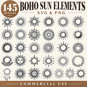 May include: A digital collection of 145 black and white sun graphic designs arranged in a grid. The text reads 145 BOHO SUN ELEMENTS SVG & PNG and COMMERCIAL USE. Each icon features a unique sun variation with rays, patterns, or faces.