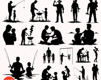Paquete de 110 siluetas SVG para el Día del Padre / Imágenes prediseñadas de la familia del papá / Archivos de corte de amor entre padre e hijo