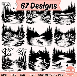 May include: A collection of 67 black and white forest-themed designs. The illustrations depict various scenes of rivers, trees, cabins, and wildlife. The designs are available in SVG, PNG, DXF, and PDF formats for commercial use.