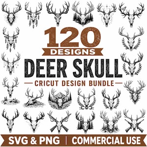 Pode incluir: Uma coleção digital de 120 designs de crânios de veado em preto e branco com vários elementos artísticos como galhadas, penas, paisagens florestais e armas. O texto diz 120 DESIGNS DEER SKULL CRICUT DESIGN BUNDLE SVG & PNG COMMERCIAL USE.