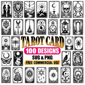 May include: A collection of 100 black and white tarot card designs in SVG and PNG formats. The image displays various mystical illustrations including a lion, skull, crystal ball, moon, sun, owl, and raven, with the text TAROT CARD 100 DESIGNS SVG & PNG FREE COMMERCIAL USE.