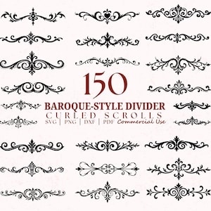 Puede incluir: Imagen de 150 diseños de separadores de estilo barroco en negro. Los diseños presentan volutas y elementos decorativos. Texto: "BAROQUE-STYLE DIVIDER" y "CURLED SCROLLS". Formatos de archivo: SVG, PNG, DXF y PDF.