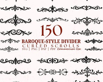 May include: A collection of 150 Baroque-style divider designs in black. The image features various curled scroll patterns, with the text "BAROQUE-STYLE DIVIDER" and "CURLED SCROLLS". File formats include SVG, PNG, DXF, and PDF.