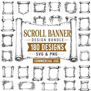 Könnte beinhalten: Ein digitales Design-Paket mit 180 schwarz-weißen Schriftrollen-Banner-Illustrationen. Die zentrale Grafik zeigt den Text SCROLL BANNER DESIGN BUNDLE 180 DESIGNS SVG & PNG COMMERCIAL USE, umgeben von verschiedenen Schriftrollen- und Rahmenstilen.