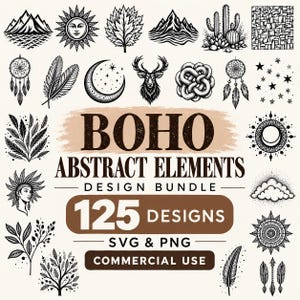 Könnte beinhalten: Ein digitales Design-Paket mit 125 schwarz-weißen Grafikelementen, darunter Berge, Sonnen, Blätter, Kakteen, Traumfänger, Federn, eine Mondsichel, ein Hirschkopf, Sterne und Pfeile. Der Text lautet BOHO ABSTRACT ELEMENTS DESIGN BUNDLE.