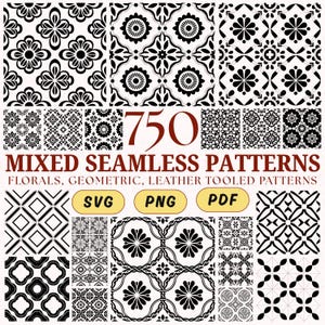 May include: A selection of 750 mixed seamless patterns in black and white. The patterns include floral, geometric, and leather tooled designs. The image also includes the file types SVG, PNG, and PDF.