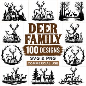Puede incluir: Una colección de 100 diseños gráficos digitales en blanco y negro que muestran familias de ciervos en diversos entornos, incluyendo bosques, cabañas y marcos circulares, con el texto DEER FAMILY 100 DESIGNS SVG & PNG COMMERCIAL USE.