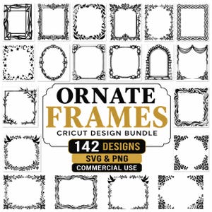 Puede incluir: Una colección de 142 marcos ornamentados en blanco y negro en un paquete de diseño digital. El texto central dice ORNATE FRAMES CRICUT DESIGN BUNDLE 142 DESIGNS SVG & PNG COMMERCIAL USE. Los marcos presentan varios patrones, incluyendo motivos florales, estrellas y formas geométricas.