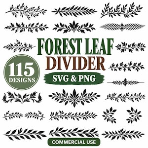 115 Forest Leaf Divider Svg Bundle, Botanical Leaf Dividers, Woodland Branch Graphics, Foliage Border Svg Png, Commercial Use