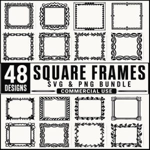 May include: A digital collection of 48 square frames in black and white. The image displays various border designs including floral, geometric, and chain-link patterns. Text on the image reads 48 SQUARE FRAMES SVG & PNG BUNDLE COMMERCIAL USE.