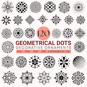 Puede incluir: Una colección de 120 adornos decorativos de puntos geométricos negros en varios diseños circulares y simétricos. La imagen incluye el texto "GEOMETRICAL DOTS DECORATIVE ORNAMENTS" e información sobre el tipo de archivo.