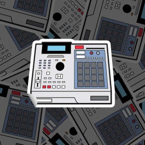 May include: A sticker featuring a gray and white music production machine with a blue screen and a grid of gray pads. The machine has red and blue accents and is set against a background of similar machines.