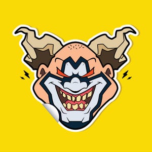 May include: A sticker featuring a cartoon clown face with a sinister grin. The clown has red eyes, a white and blue face design, and brown hair. The background is bright yellow, with lightning bolt graphics on either side.