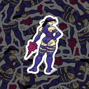 Op de afbeelding: Een sticker met een stripfiguur in een paars en blauw bodysuit, met een roze energiewapen. Het personage heeft zwart haar en poseert met één hand op de heup. De achtergrond is een patroon van vergelijkbare figuren.