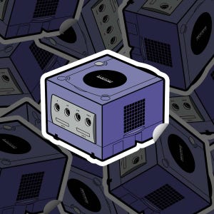 May include: A sticker featuring a purple GameCube console with a white border. The console has a black disc tray, a front panel with four controller ports, and a vent on the side. The background is a pattern of similar consoles.