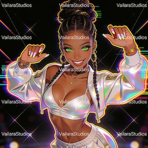 May include: Digital illustration of a woman in a white crop top, shorts, and jacket with a holographic sheen. She wears high-top sneakers, and her hair is styled with braids. The background features neon lights and the text "VailaraStudios".