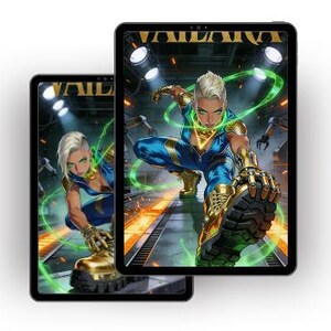 May include: Two tablets displaying digital art. The artwork features a character in a blue and gold suit with a white hairstyle, set against a futuristic background. The text "Digital Art" is displayed on the right side of the image.