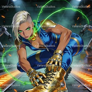 May include: Digital artwork featuring a person in a blue jumpsuit and gold boots, kneeling. The person has short blonde hair and green eyes. The boots are a shiny gold colour with black soles. The image has the word "VAILARA" in gold letters at the top.