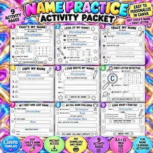 Puede incluir: Un paquete de actividades digitales con nueve hojas de trabajo educativas para practicar nombres. Cada página incluye texto en blanco y negro, bordes de estrellas e instrucciones para trazar, escribir e identificar letras, sobre un fondo multicolor vibrante y arremolinado.