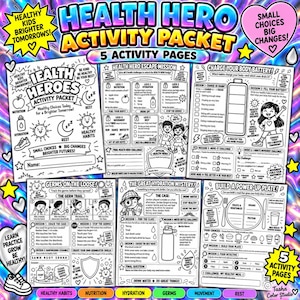 May include: A black and white printable activity packet titled Health Hero Activity Packet featuring five pages of educational health-themed worksheets for children, including tasks on nutrition, hydration, movement, and hygiene with various illustrations.