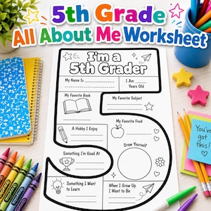 Può includere: Una scheda didattica 5th Grade All About Me stampata su carta bianca con il contorno di un grande numero 5. Il modulo include sezioni per nome, età, libro preferito, materia, cibo, hobby, abilità, obiettivi e uno spazio per disegnare se stessi.