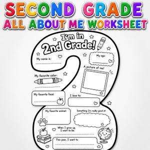 以下が含まれることがあります： 数字の2の形をした白黒の印刷可能なワークシートで、SECOND GRADE ALL ABOUT ME WORKSHEETというテキストが記載されています。フォームには、名前、年齢、好きな色、食べ物、動物、趣味、スキル、将来の目標、写真フレームのセクションが含まれています。