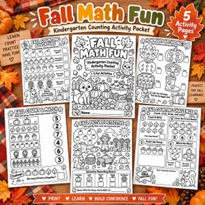 Peut inclure: Un ensemble de cinq feuilles d'activités mathématiques pour la maternelle en noir et blanc intitulées Fall Math Fun. Les pages présentent des exercices de comptage avec des illustrations de citrouilles, pommes, glands, feuilles et tournesols.