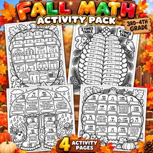 May include: A Fall Math Activity Pack for 3rd-4th grade featuring four black and white worksheets with seasonal themes like pumpkins, pinecones, and umbrellas. Each page contains math problems including fractions, multiplication, addition, and subtraction.