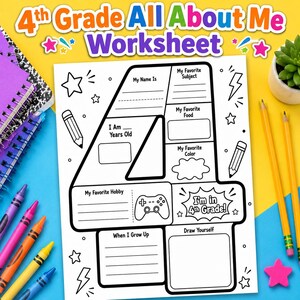 May include: A 4th Grade All About Me Worksheet printed on white paper with black outlines in the shape of the number four. The worksheet includes sections for name, age, favorite subject, food, color, hobby, and a space to draw yourself.