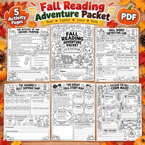 May include: A digital PDF activity packet featuring five black and white printable pages for fall reading. The sheets include a mystery story, a word detective lab, a sentence shop, a story map, and a corn maze, all decorated with autumn themes.
